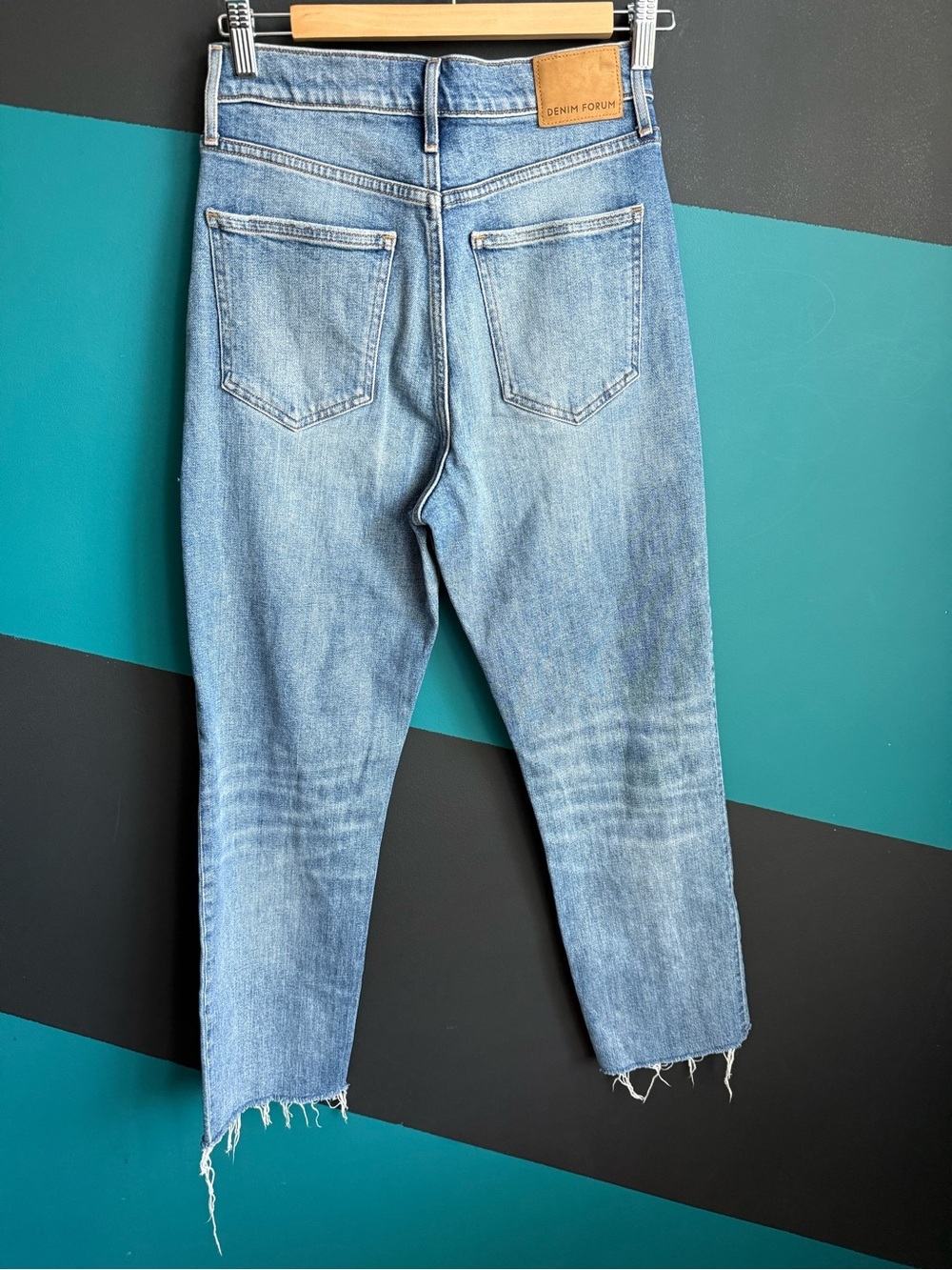 Denim Forum Light Blue Denim Jeans with Tan Stitching The Arlo Highrise Straight - Picture 5 of 14